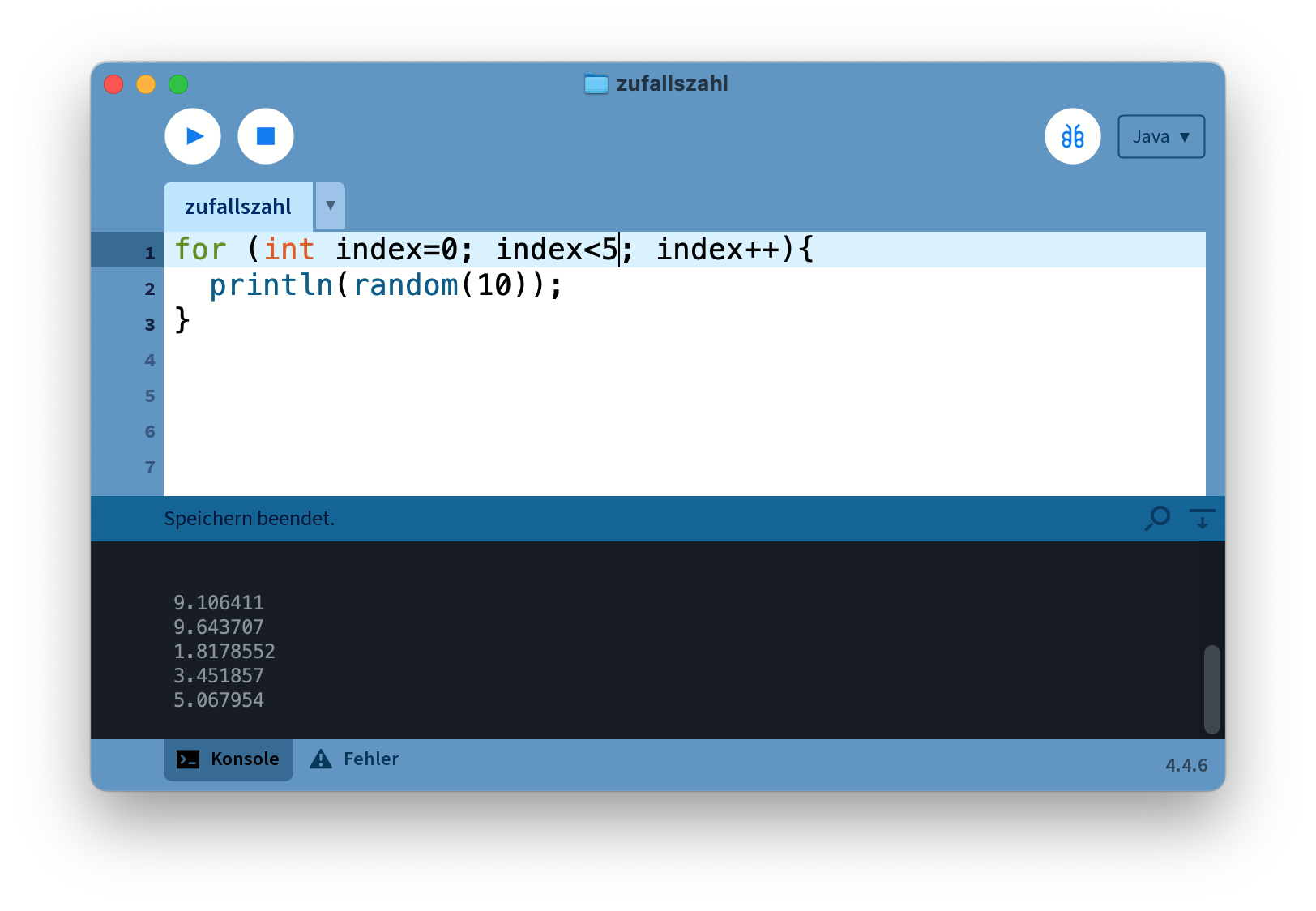 Fünf Zufallszahlen zwischen 0 und 10